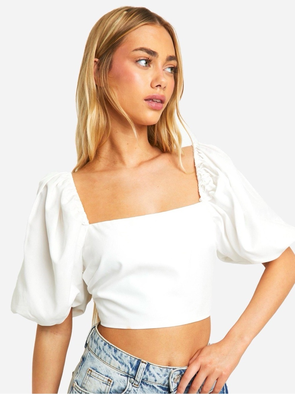 White Puff Sleeve Crop Top